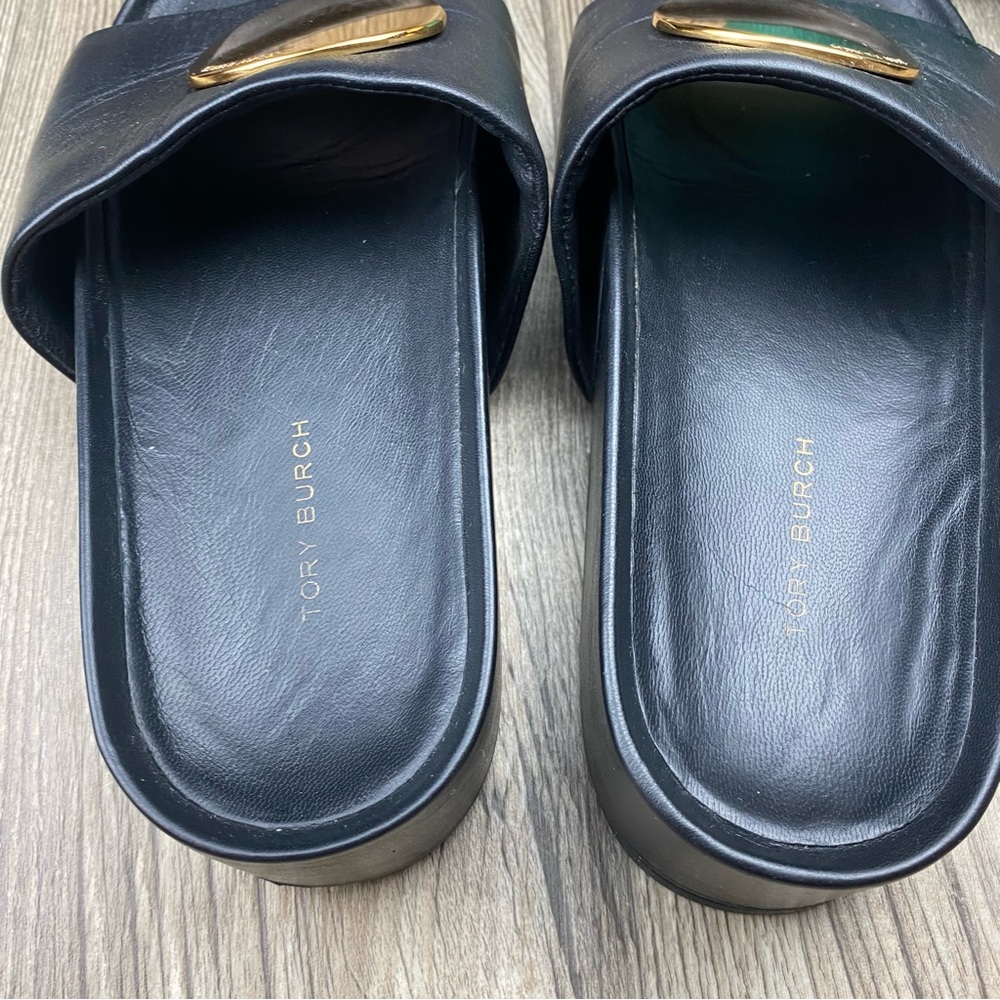 Tory Burch Black Leather Slide Sandals with Gold Medallions - Picture 5 of 12